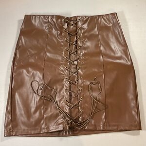 SHEIN Brown Lace-Up Faux Leather Mini Skirt